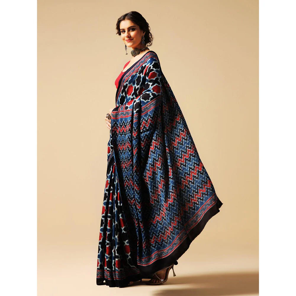 Aditri Blue Handprinted Ajrakh On Modal Silk Saree with Running Blouse - Image 3
