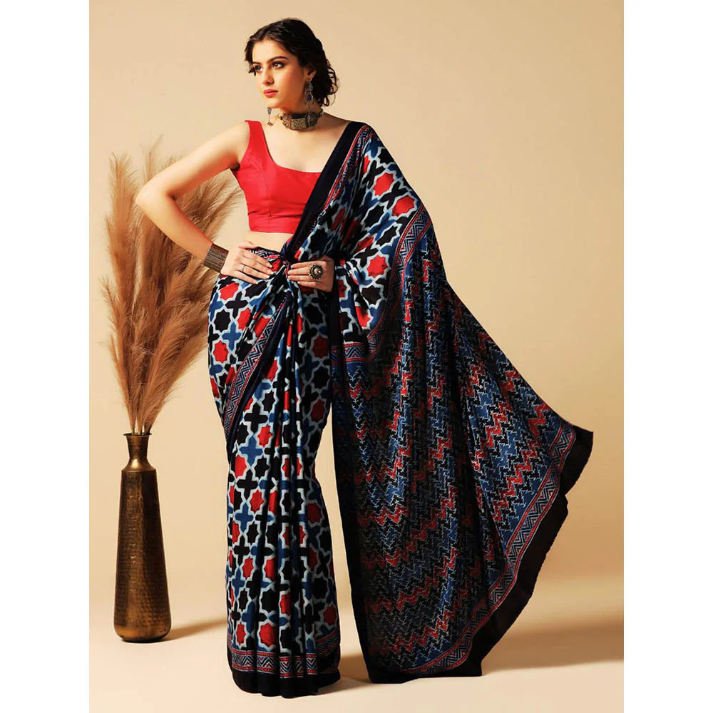 Aditri Blue Handprinted Ajrakh On Modal Silk Saree with Running Blouse - Image 4