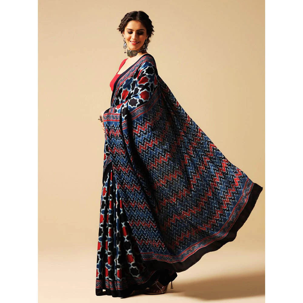 Aditri Blue Handprinted Ajrakh On Modal Silk Saree with Running Blouse - Image 5