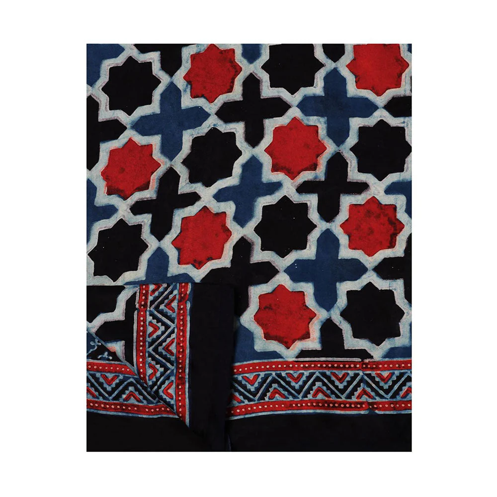 Aditri Blue Handprinted Ajrakh On Modal Silk Saree with Running Blouse - Image 6