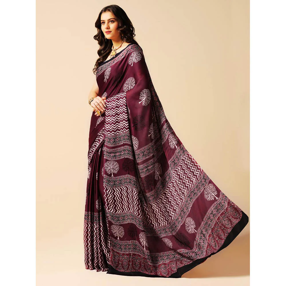 Aditri Burgundy Handprinted Ajrakh On Modal Silk Saree with Running Blouse - Image 3