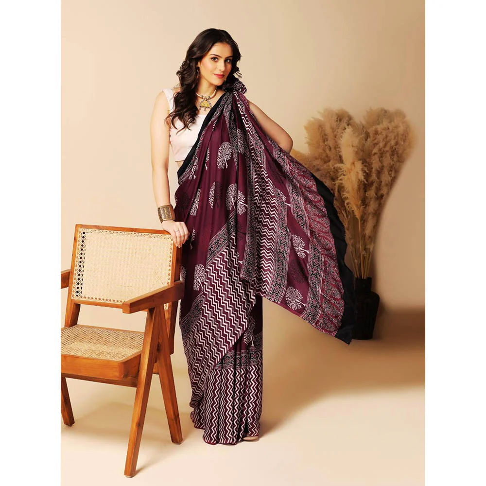 Aditri Burgundy Handprinted Ajrakh On Modal Silk Saree with Running Blouse - Image 4