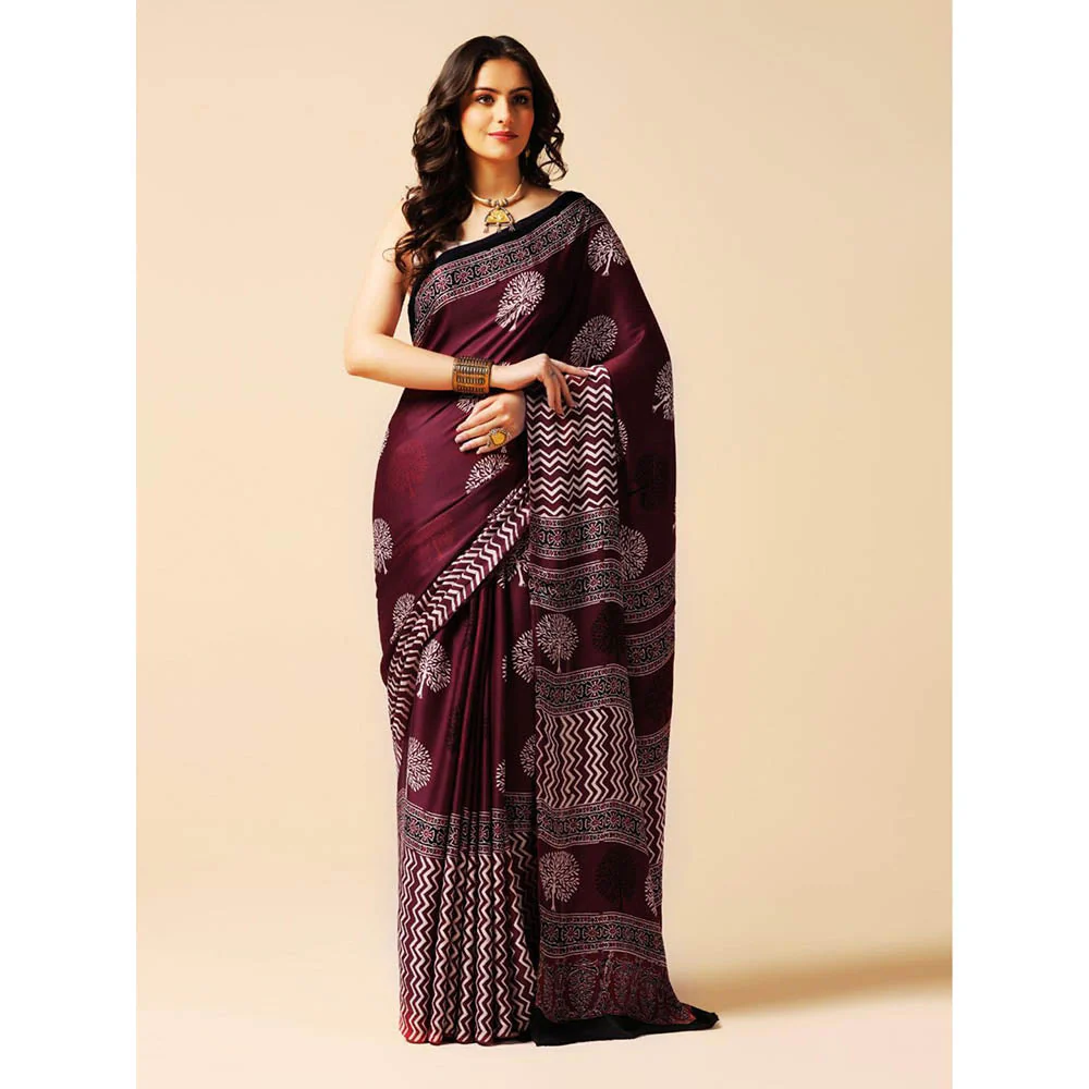 Aditri Burgundy Handprinted Ajrakh On Modal Silk Saree with Running Blouse - Image 5