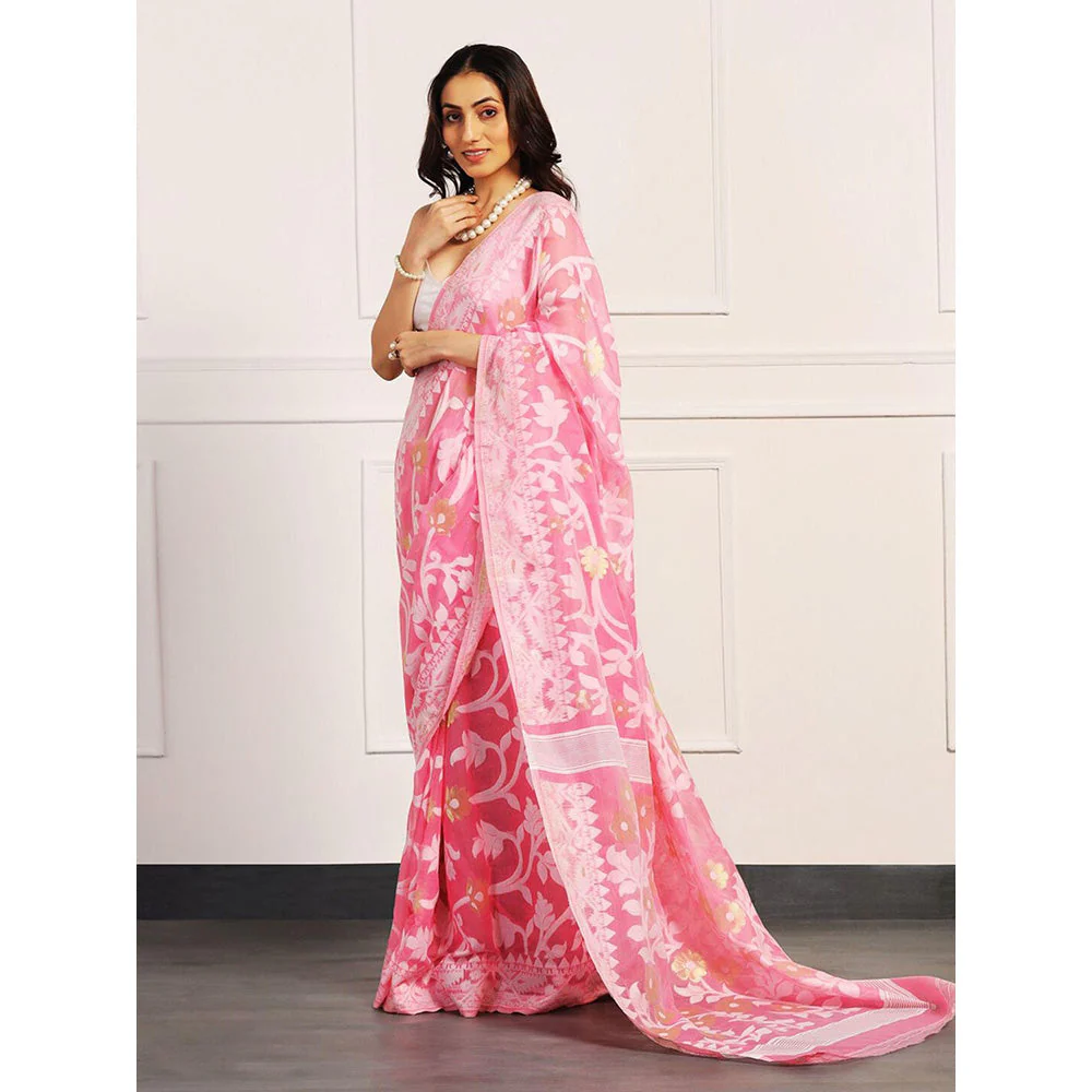 Aditri Handloom Jamdani On Resham Silk Saree with Running Blouse - Image 4