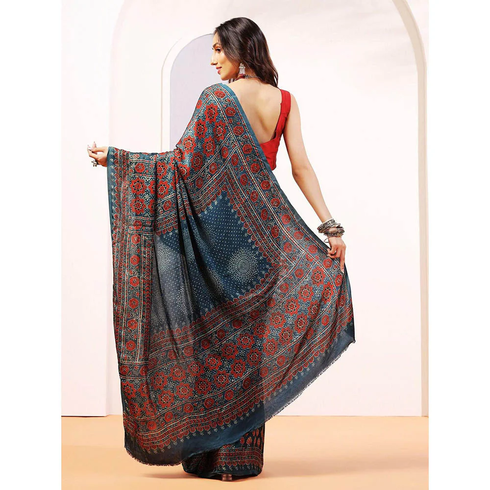 Aditri Handprinted Ajrakh On Modal Silk Blue Saree With Running Blouse - Image 2