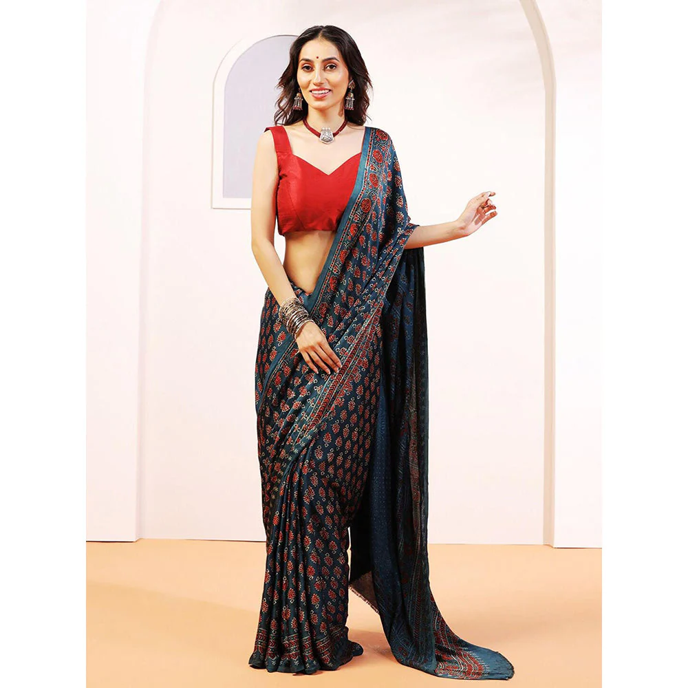 Aditri Handprinted Ajrakh On Modal Silk Blue Saree With Running Blouse - Image 3