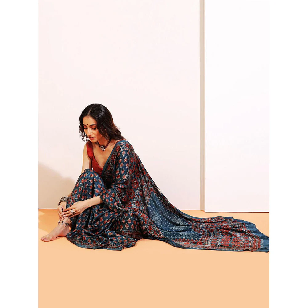 Aditri Handprinted Ajrakh On Modal Silk Blue Saree With Running Blouse - Image 4