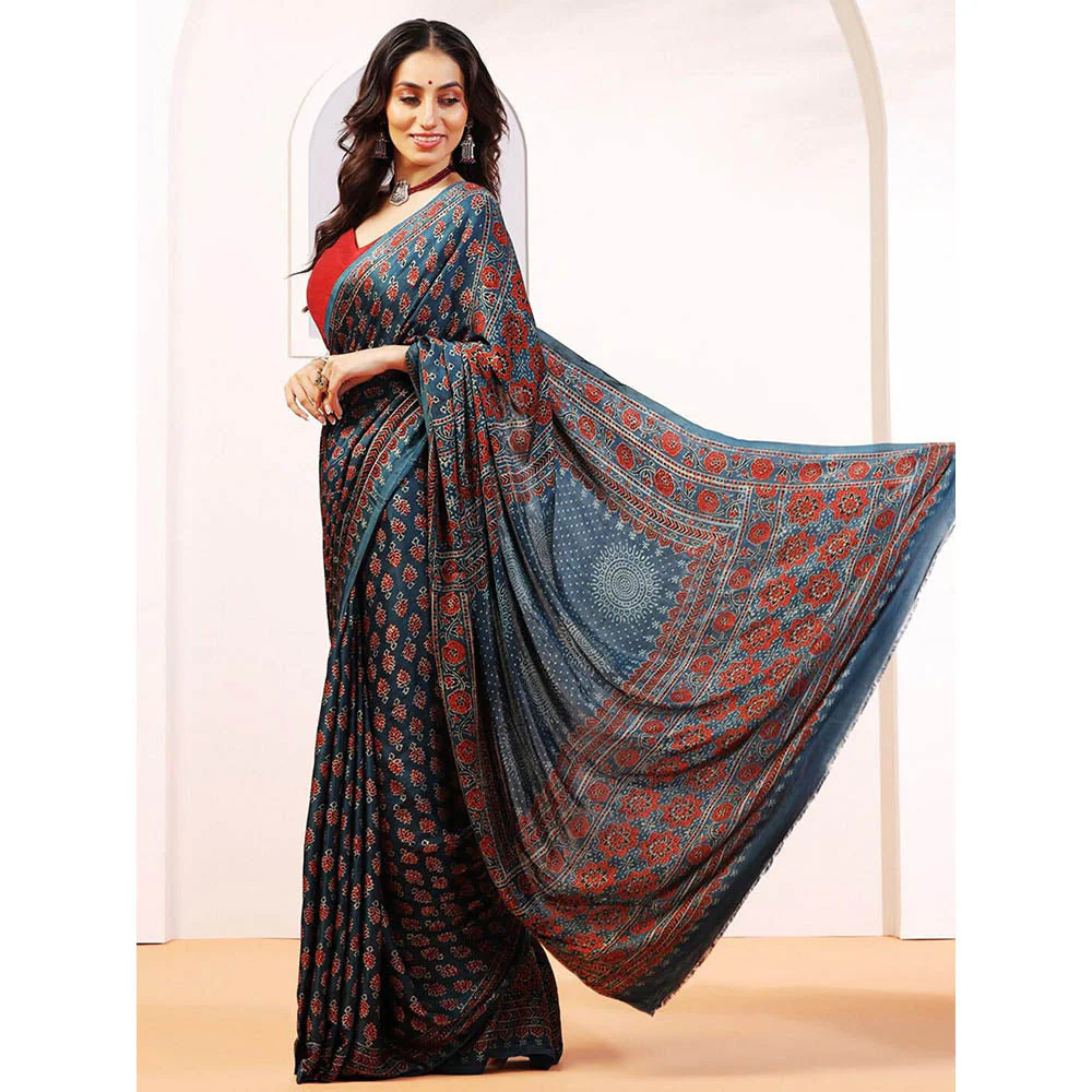 Aditri Handprinted Ajrakh On Modal Silk Blue Saree With Running Blouse - Image 6