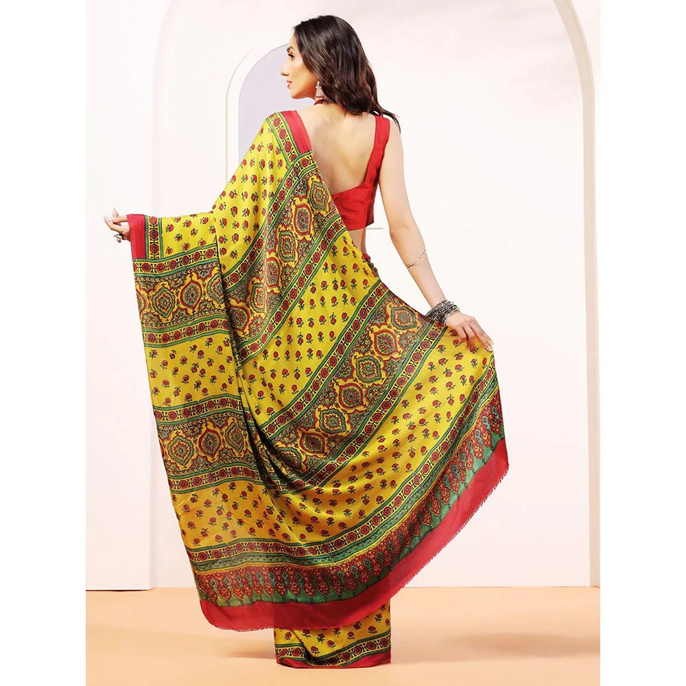 Aditri Handprinted Ajrakh On Modal Silk Yellow Saree With Running Blouse - Image 2