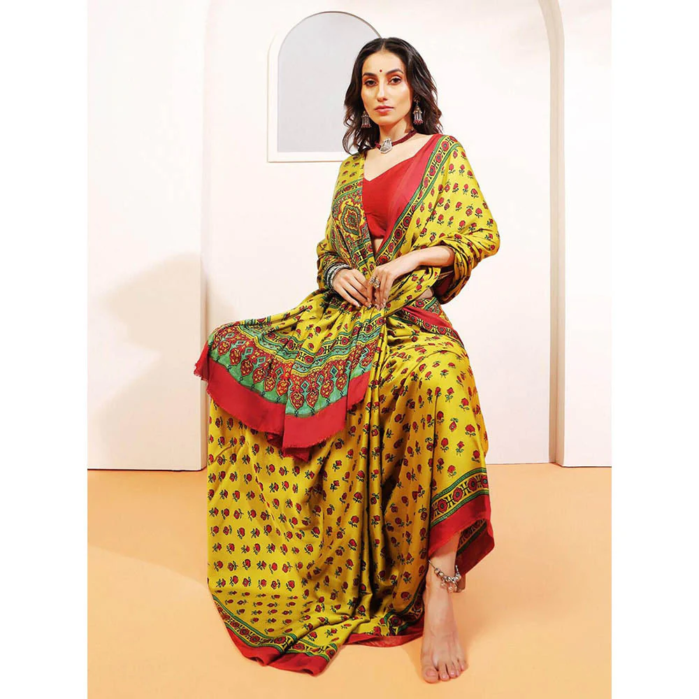 Aditri Handprinted Ajrakh On Modal Silk Yellow Saree With Running Blouse - Image 3