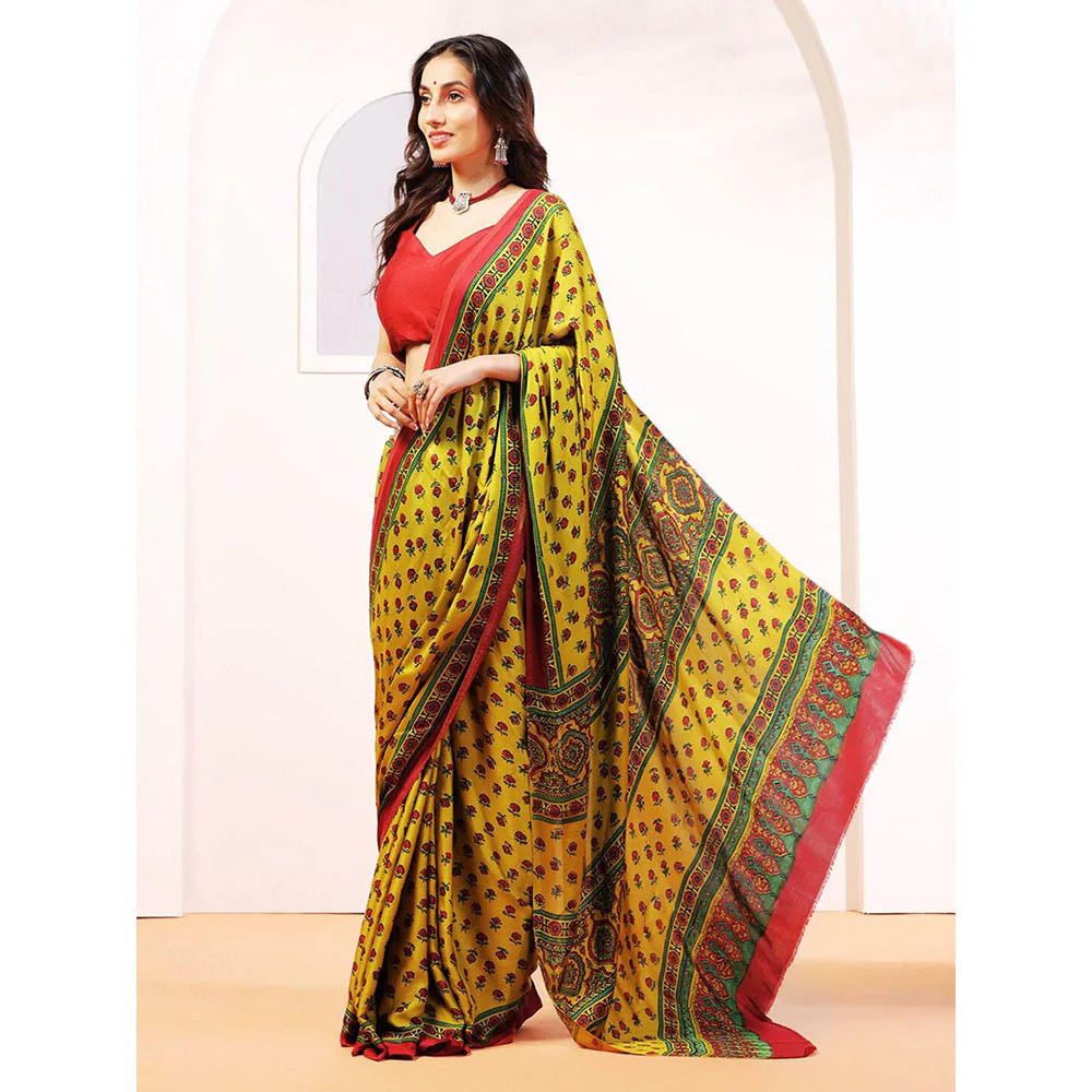 Aditri Handprinted Ajrakh On Modal Silk Yellow Saree With Running Blouse - Image 4
