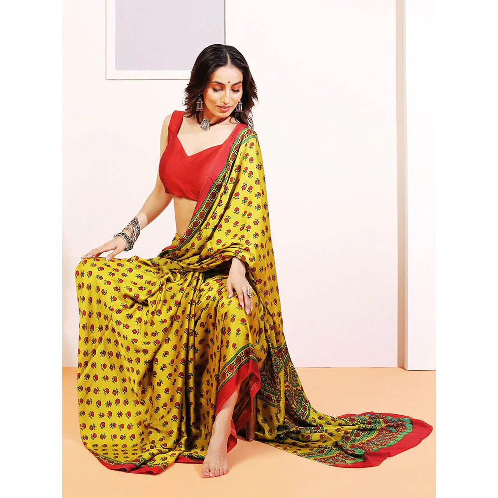 Aditri Handprinted Ajrakh On Modal Silk Yellow Saree With Running Blouse - Image 6