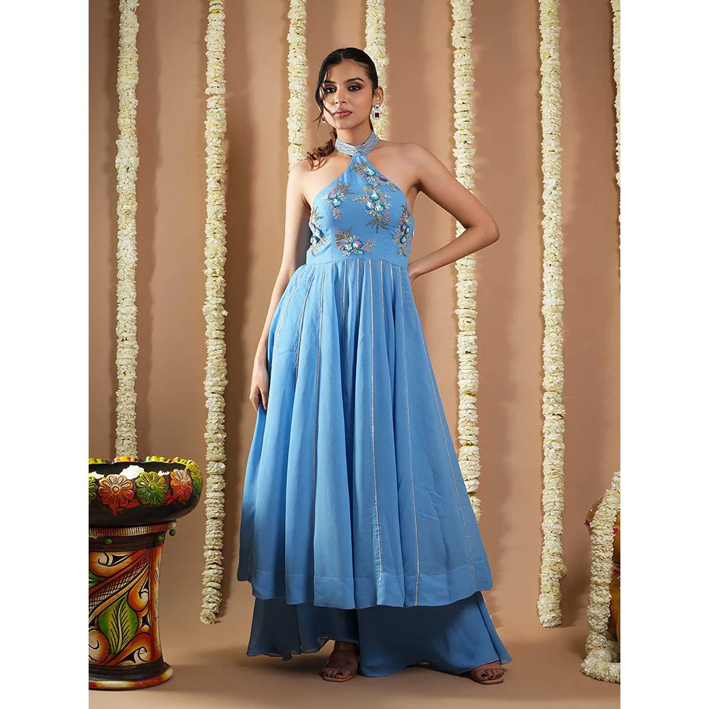 AHI Clothing Blue Georgette Halter Neck Anarkali Kurta with Palazzo and Dupatta - Image 6