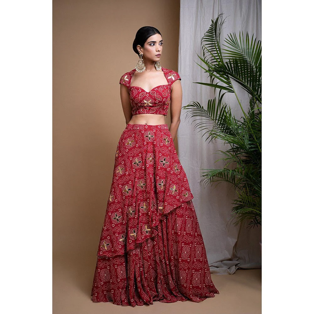 AHI Clothing Maroon Bandhani Digital Print Indo Lehenga with Blouse (Set of 2) - Image 2