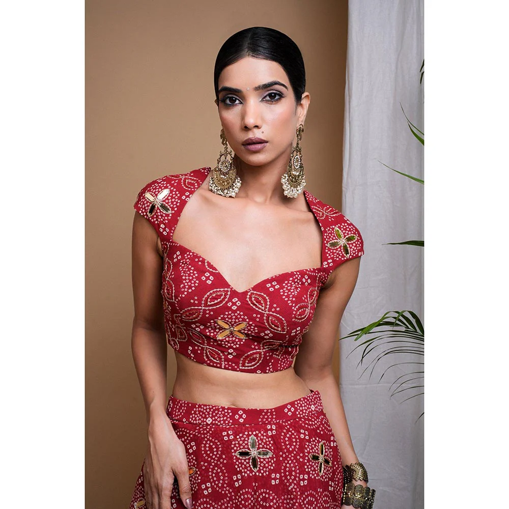 AHI Clothing Maroon Bandhani Digital Print Indo Lehenga with Blouse (Set of 2) - Image 5