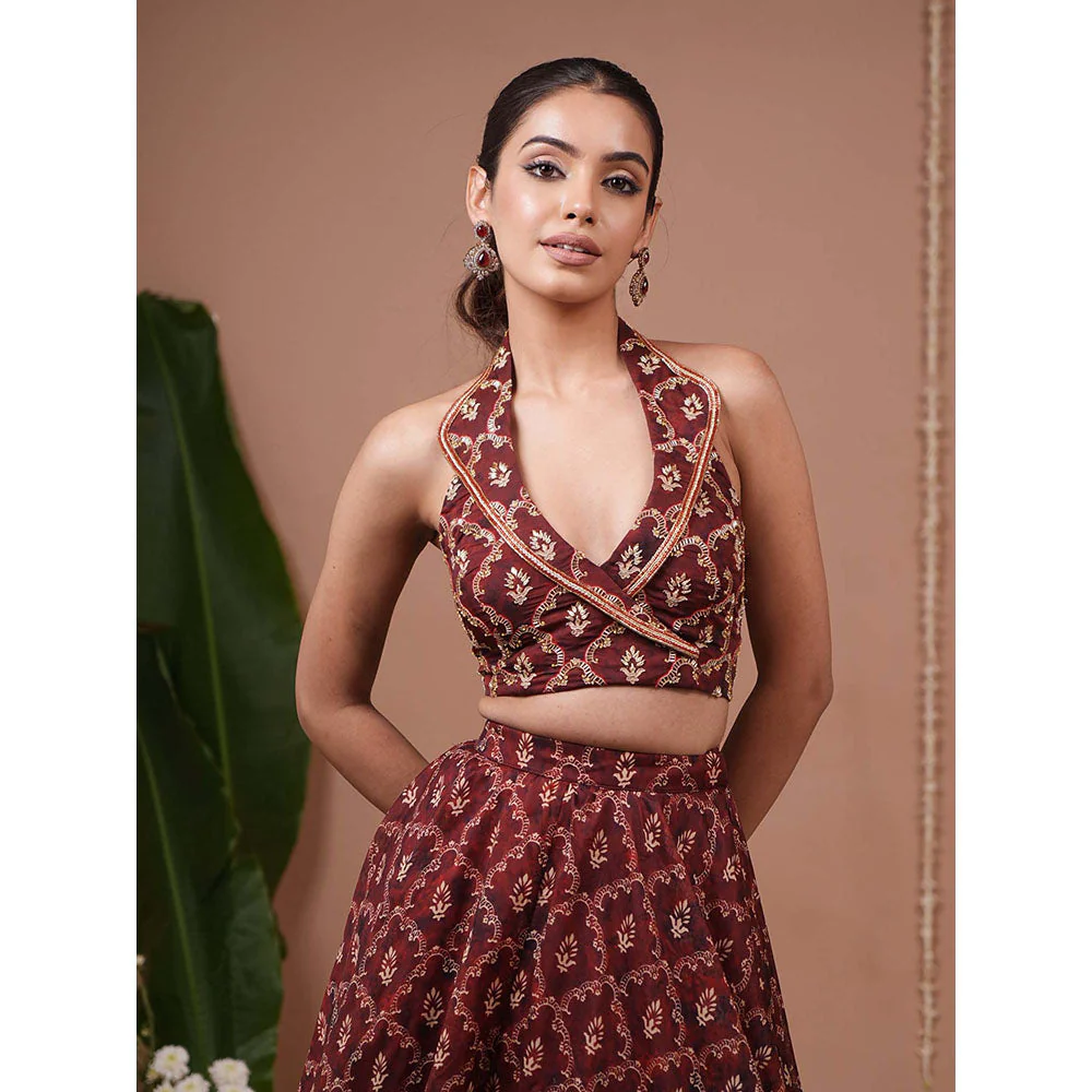 AHI Clothing Maroon Halter Lapel Neck Indo Lehenga And Blouse - Image 5