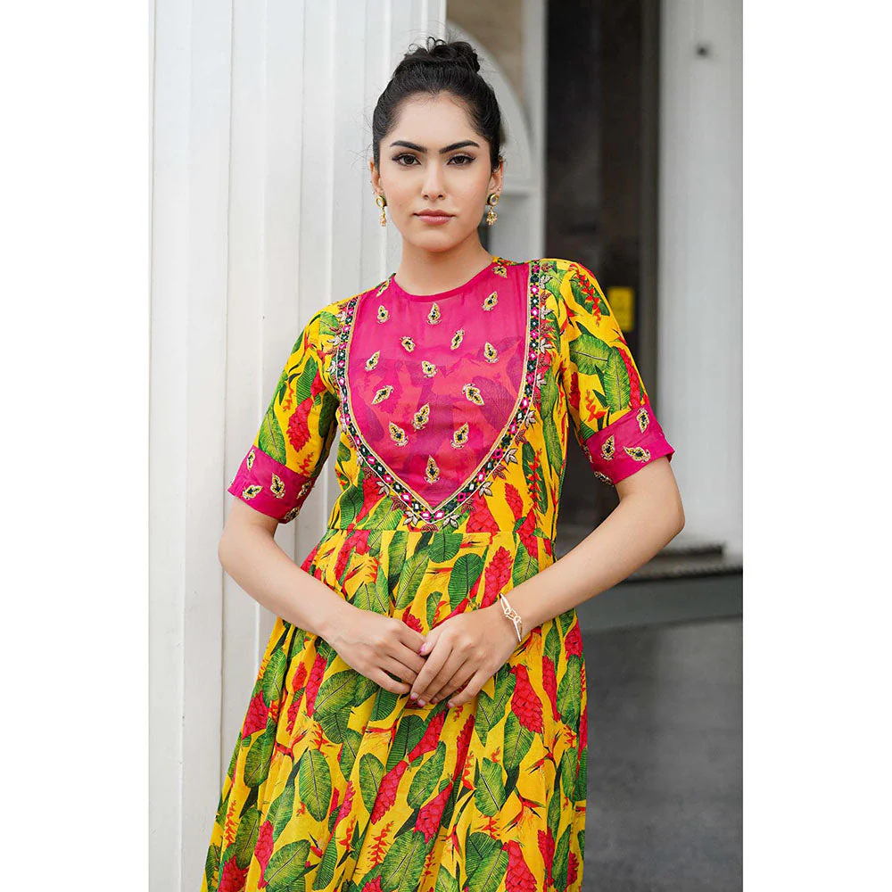 AHI Clothing Yellow Crepe Round Neck Floral Bustier with Anarkali with Palazzo with Dupatta - Image 4
