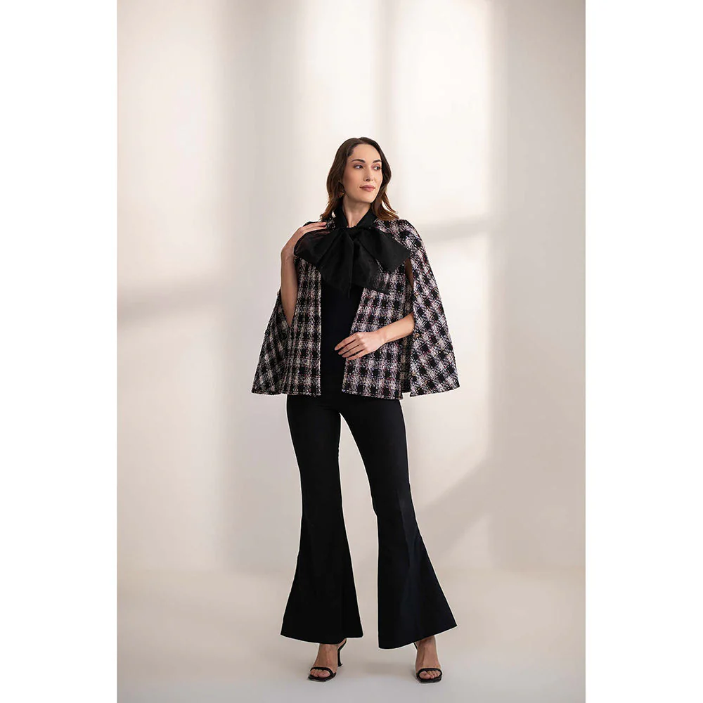 AKSH INDIA Ginny Bow Tweed Cape - Black - Image 6