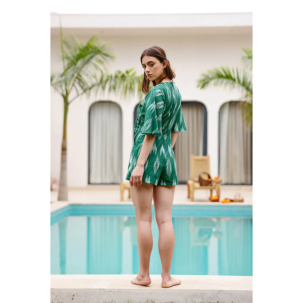 AlterEGO Green Selena Printed Tie- Up Neck Playsuit - Image 2