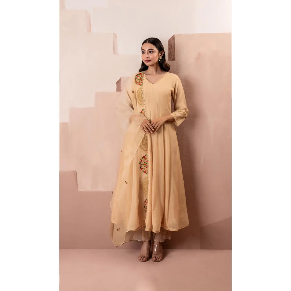 AM by Anita Mittal Beige Ruhani Anarkali Kurta with Pant and Dupatta