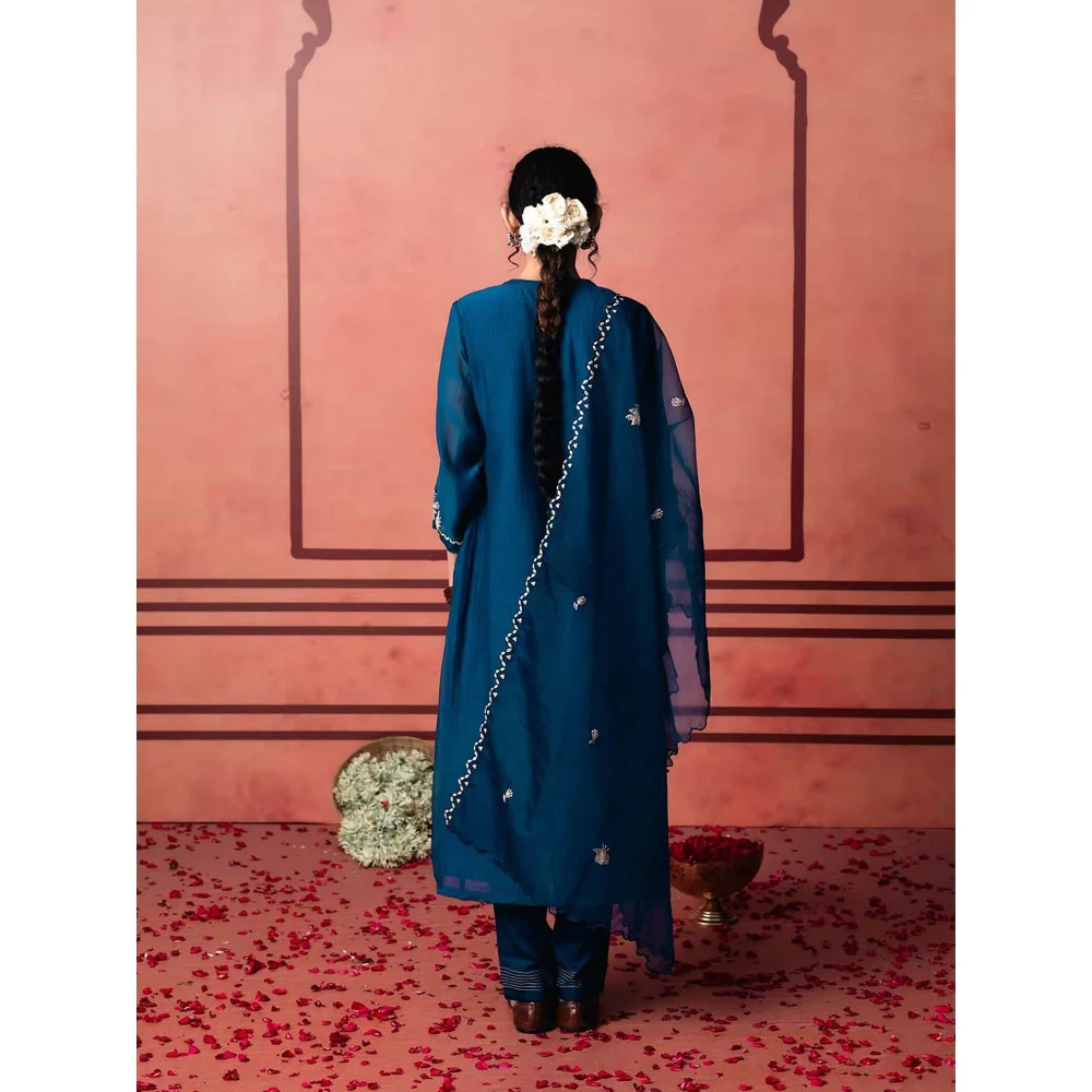 AM by Anita Mittal Blue Chanderi Niva Kurta with Pant and Dupatta - Image 4