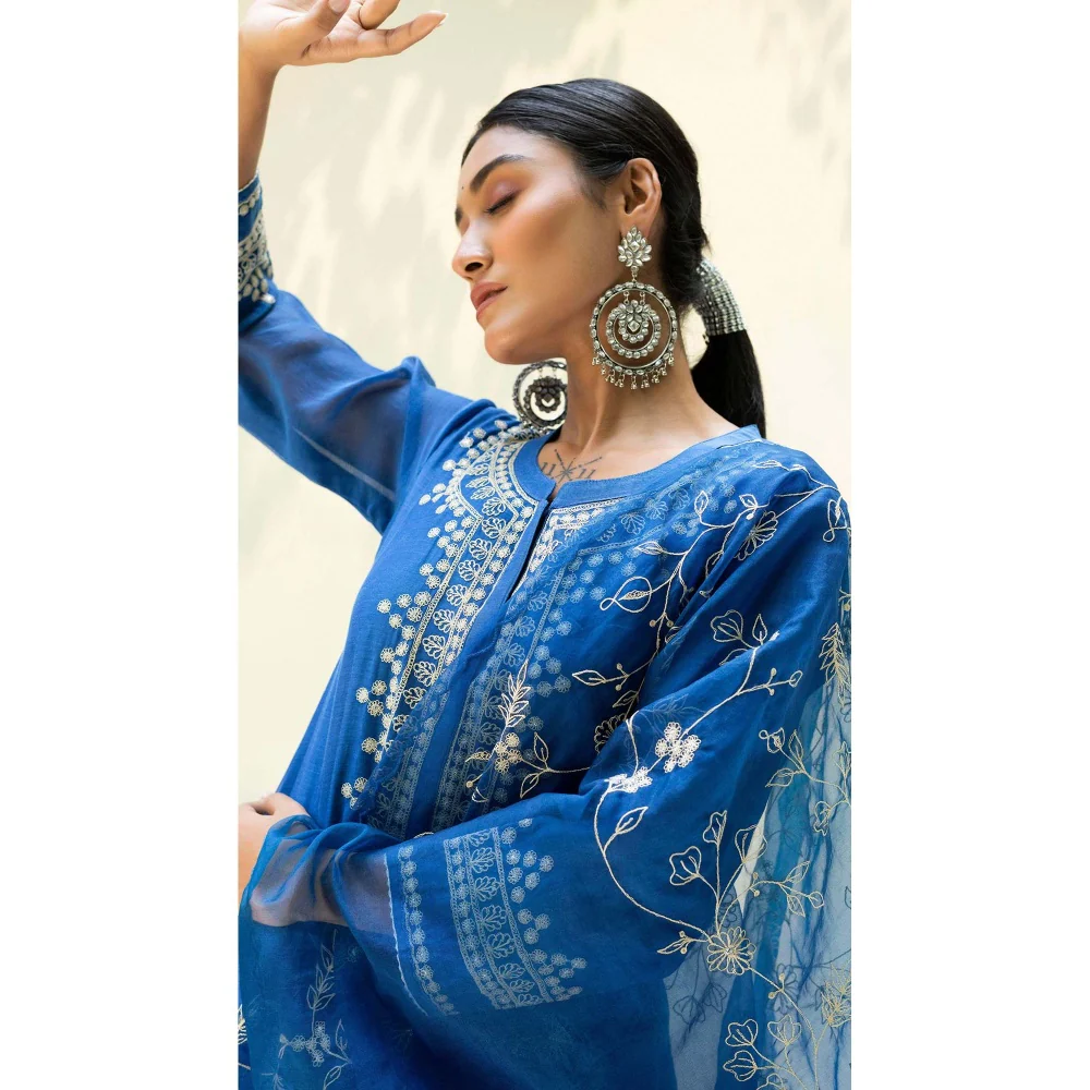 AM by Anita Mittal Blue Cotton Dastak Kurta with Pant and Dupatta - Image 3