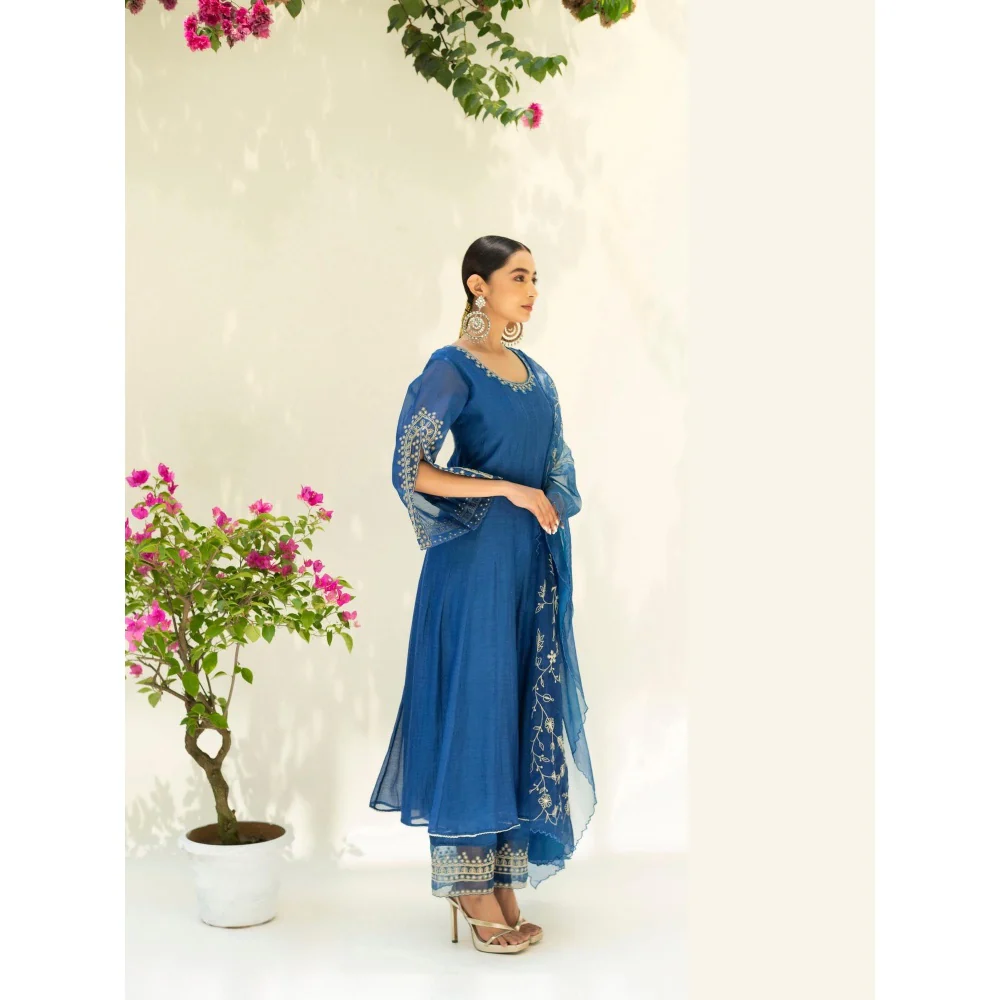 AM by Anita Mittal Blue Dastak Anarkali Kurta with Pant and Dupatta - Image 6