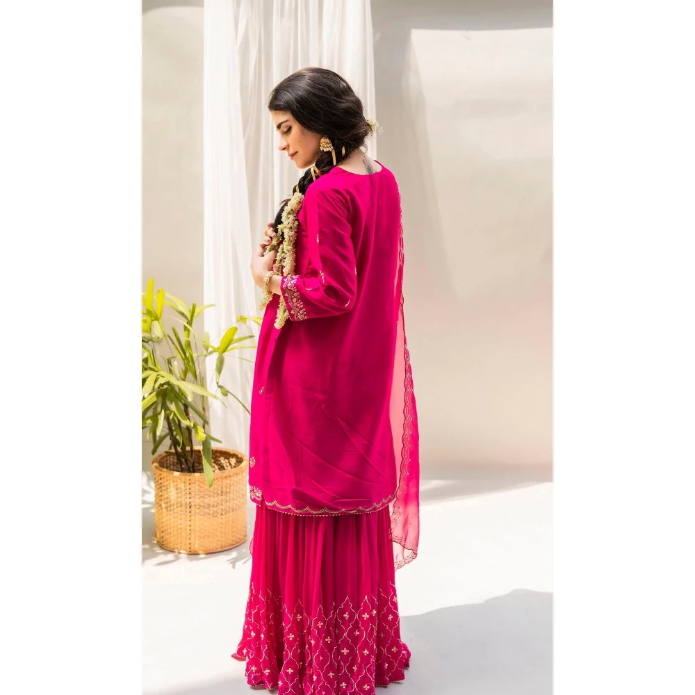 AM by Anita Mittal Chandbali Pink Kurta with Sharara and Dupatta - Image 2