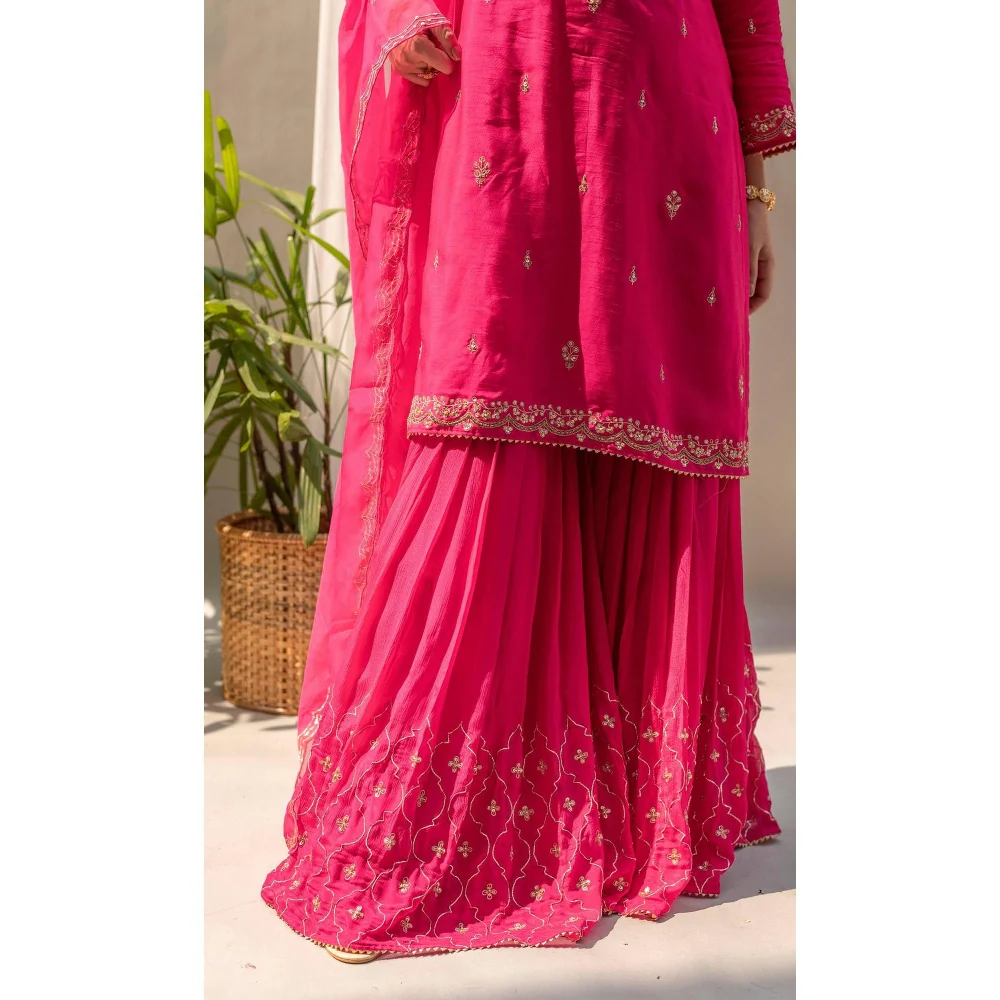 AM by Anita Mittal Chandbali Pink Kurta with Sharara and Dupatta - Image 3