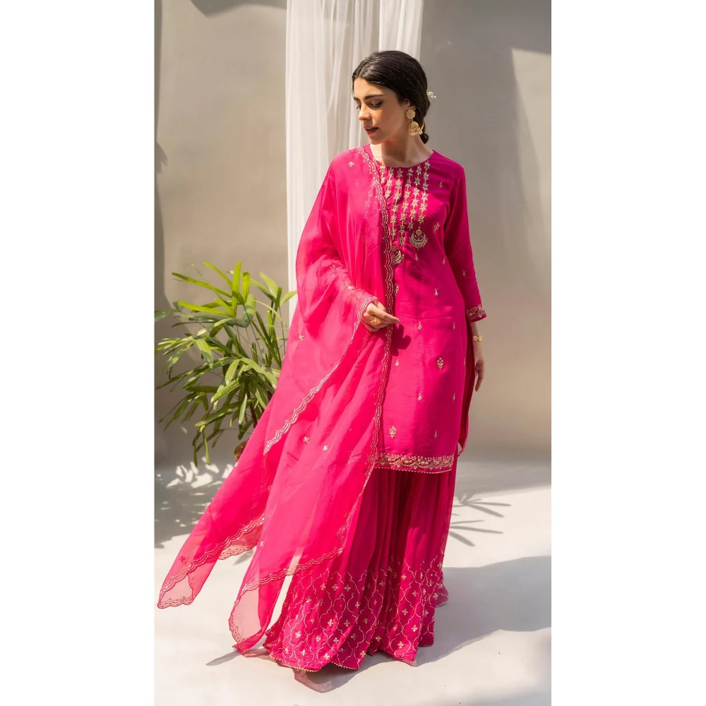 AM by Anita Mittal Chandbali Pink Kurta with Sharara and Dupatta - Image 4