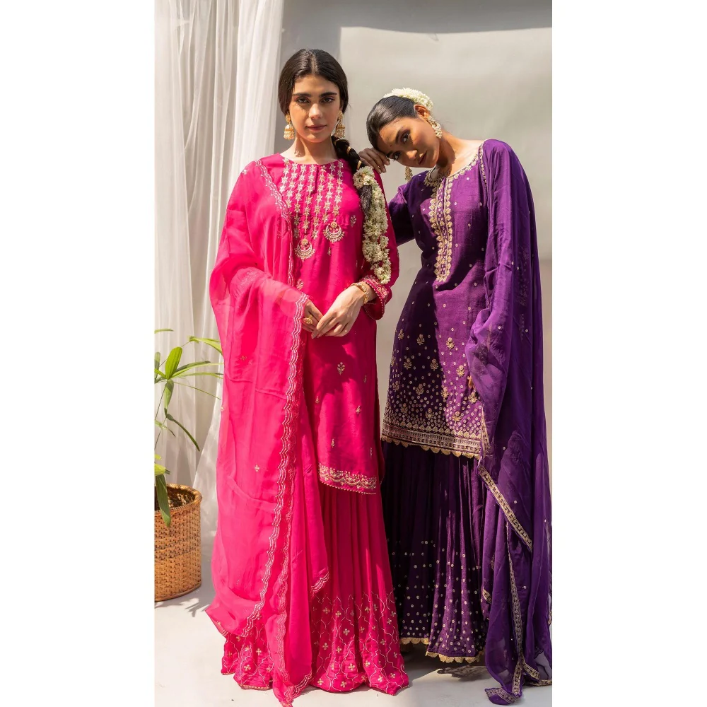 AM by Anita Mittal Chandbali Pink Kurta with Sharara and Dupatta - Image 6