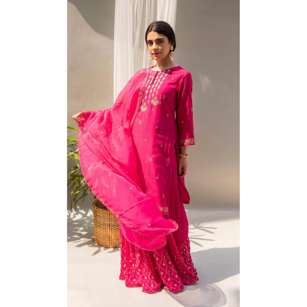 AM by Anita Mittal Chandbali Pink Kurta with Sharara and Dupatta - Image 7