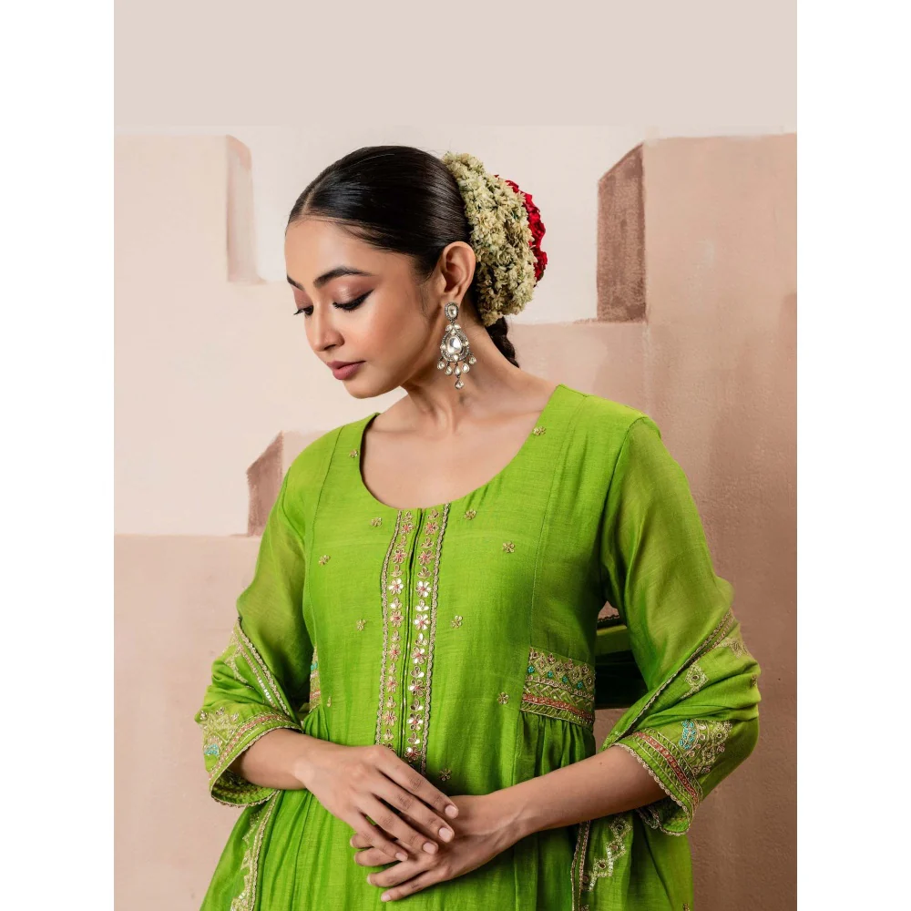 AM by Anita Mittal Green Chaand A-Line Kurta with Pant and Dupatta - Image 6
