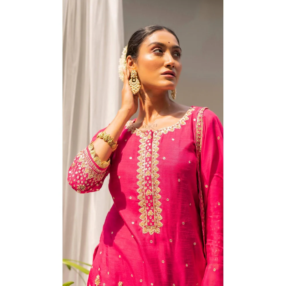 AM by Anita Mittal Gulmohar Pink Kurta with Sharara and Dupatta - Image 2