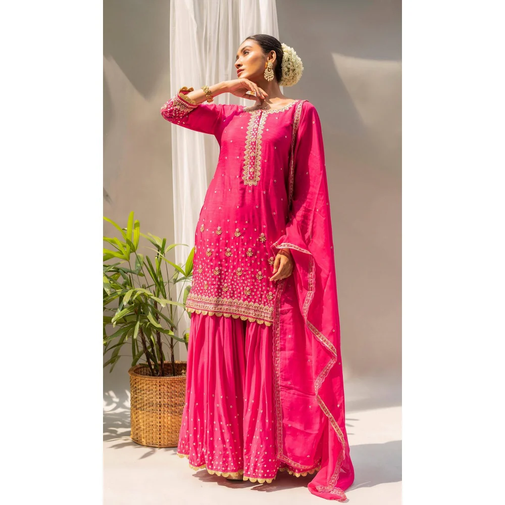 AM by Anita Mittal Gulmohar Pink Kurta with Sharara and Dupatta - Image 5