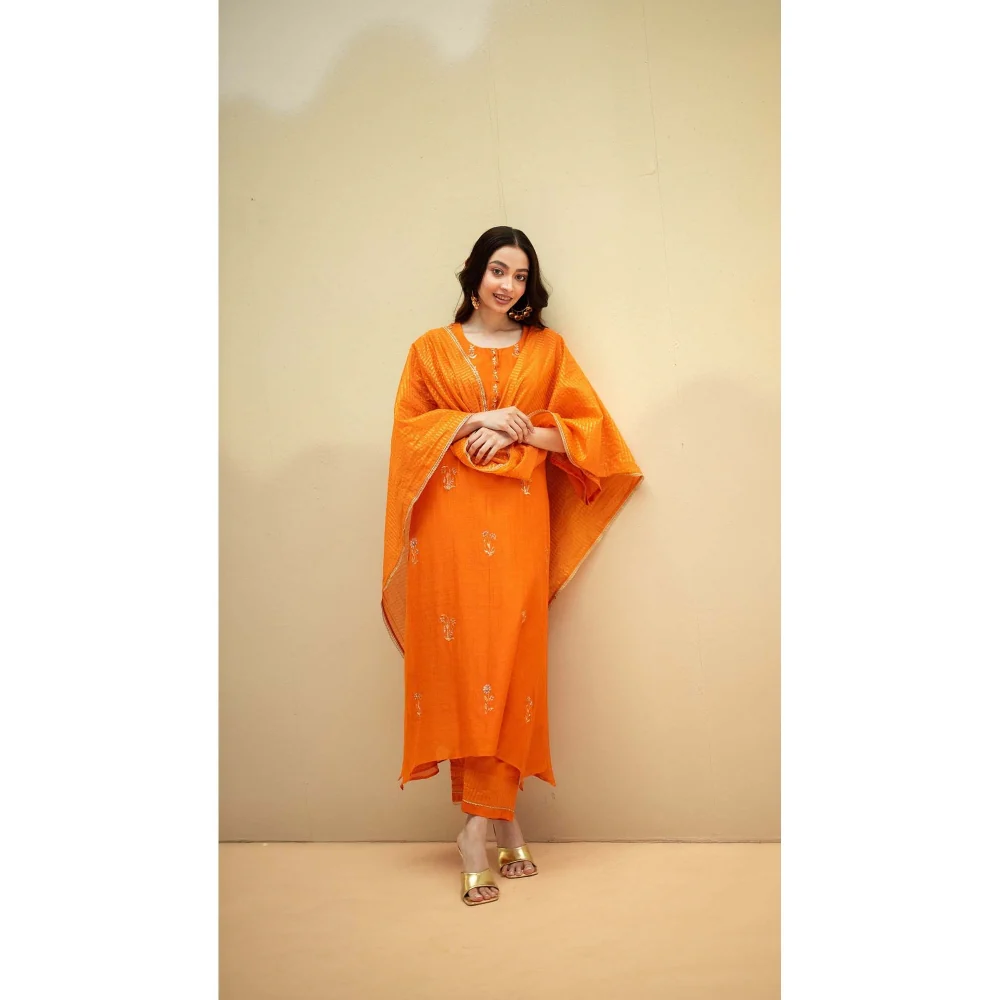 AM by Anita Mittal Orange Chanderi Chandini Kurta with Pant and Dupatta