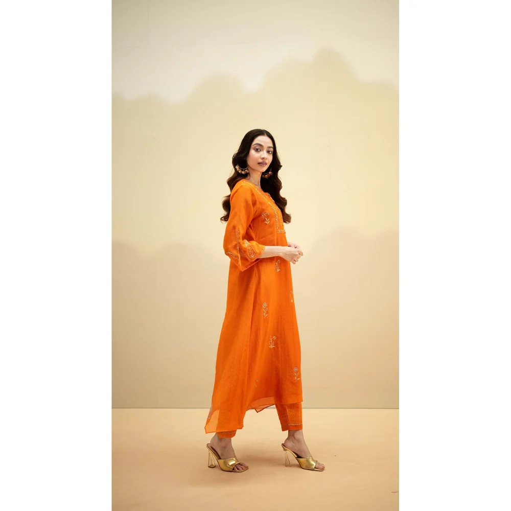AM by Anita Mittal Orange Chanderi Chandini Kurta with Pant and Dupatta - Image 3