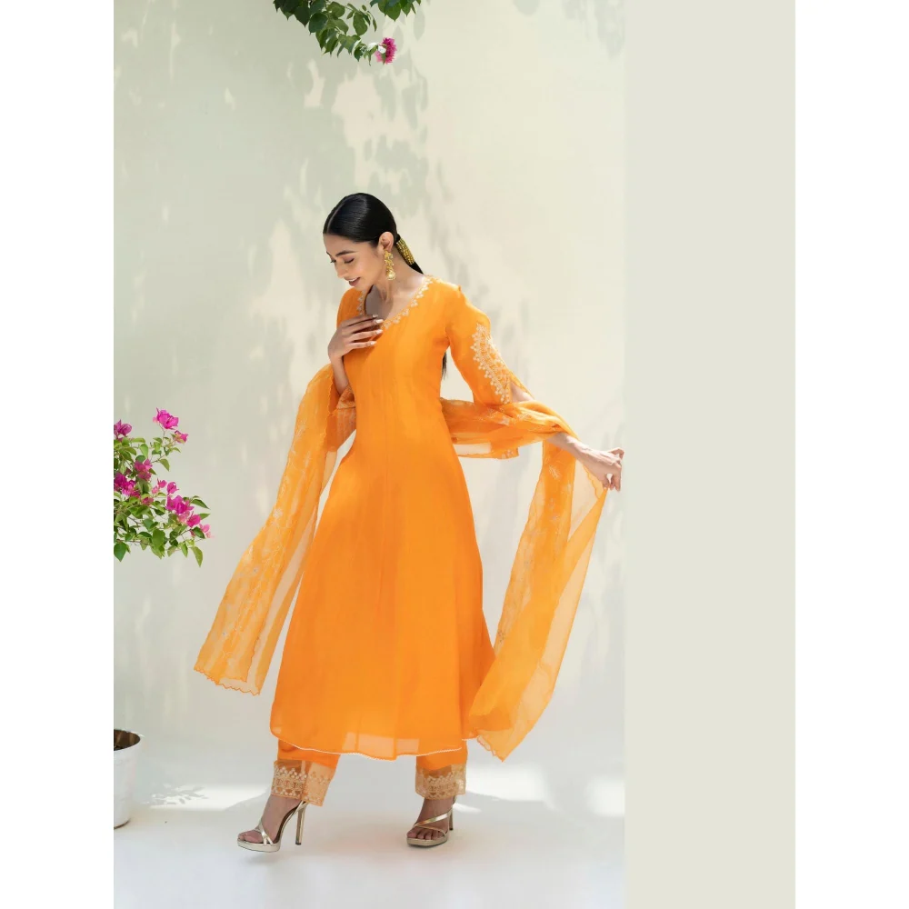 AM by Anita Mittal Orange Dastak Anarkali Kurta with Pant and Dupatta - Image 4