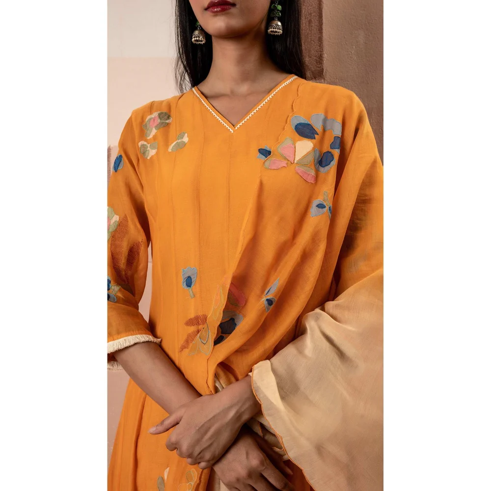 AM by Anita Mittal Orange Frida Anarkali Kurta with Pant and Dupatta - Image 3