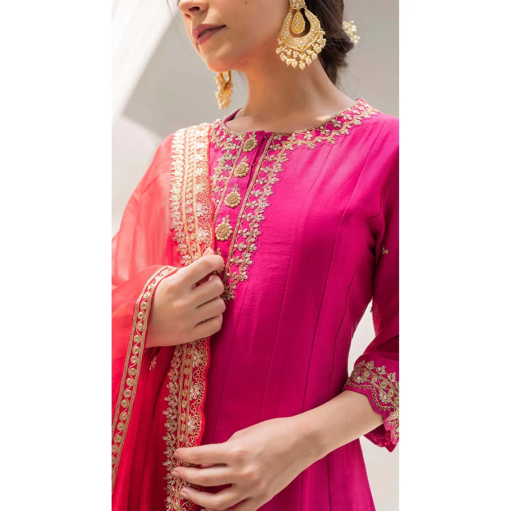 AM by Anita Mittal Pink Dahliya Anarkali Kurta with Pant and Dupatta - Image 5