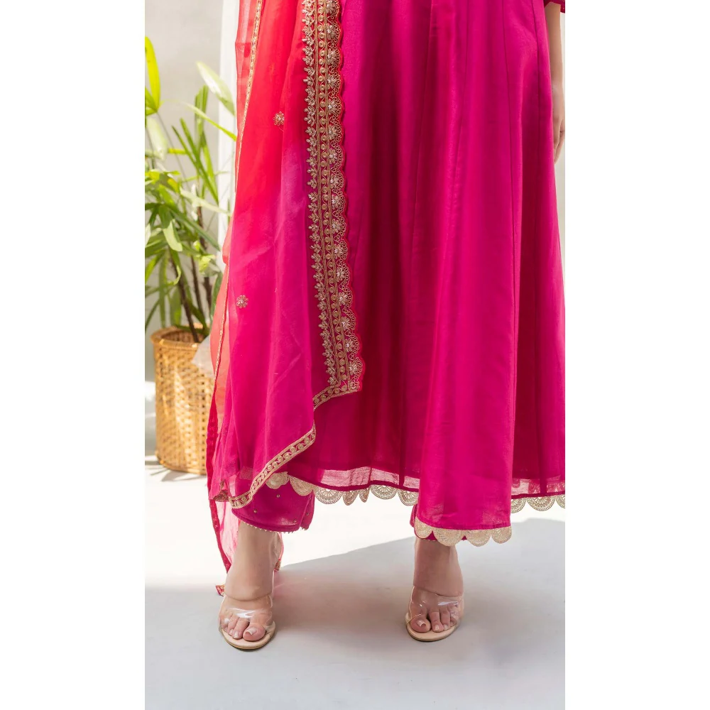 AM by Anita Mittal Pink Dahliya Anarkali Kurta with Pant and Dupatta - Image 6