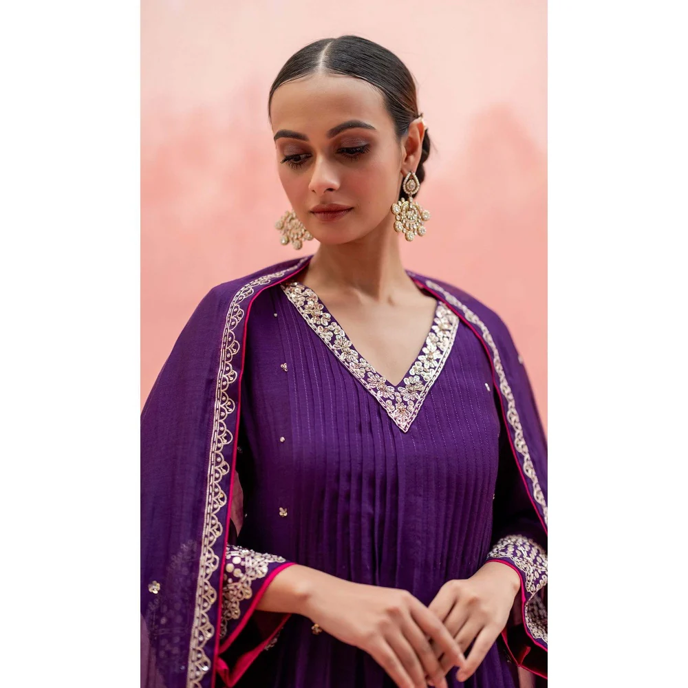 AM by Anita Mittal Purple Sitara A-Line Kurta with Pant and Dupatta - Image 2