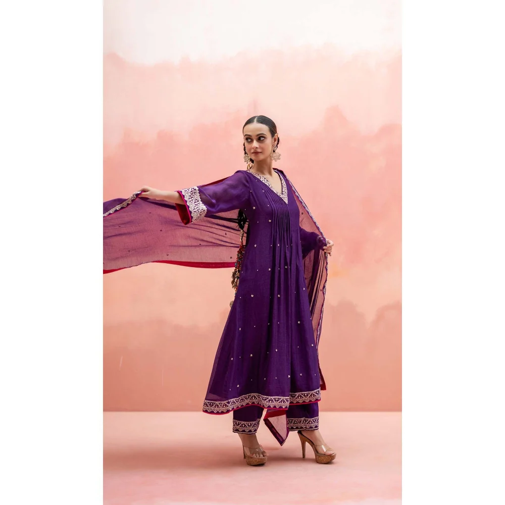 AM by Anita Mittal Purple Sitara A-Line Kurta with Pant and Dupatta - Image 3