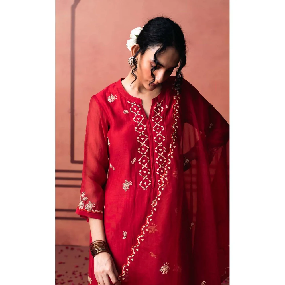 AM by Anita Mittal Red Chanderi Niva Kurta with Pant and Dupatta - Image 2