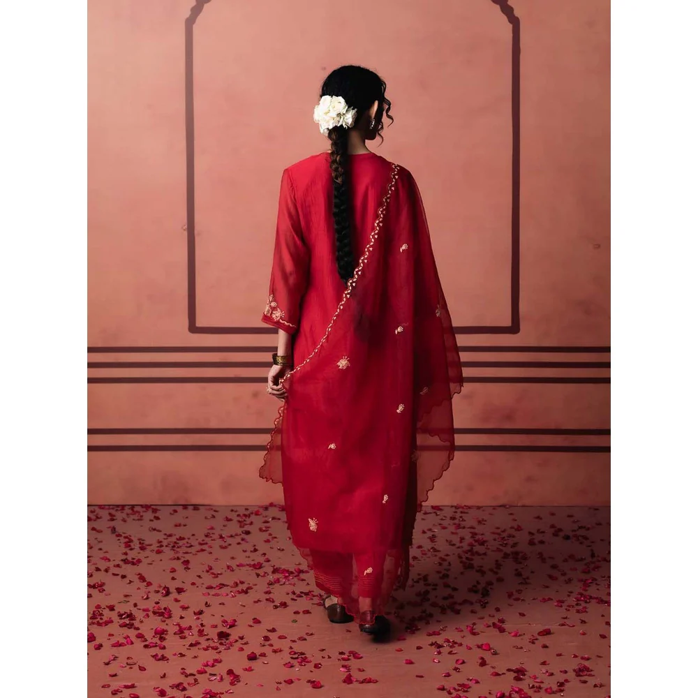 AM by Anita Mittal Red Chanderi Niva Kurta with Pant and Dupatta - Image 4