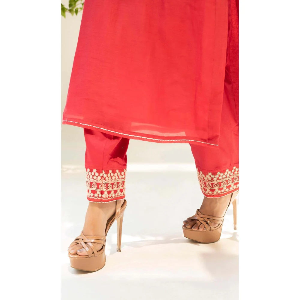 AM by Anita Mittal Red Cotton Dastak Kurta with Pant and Dupatta - Image 6