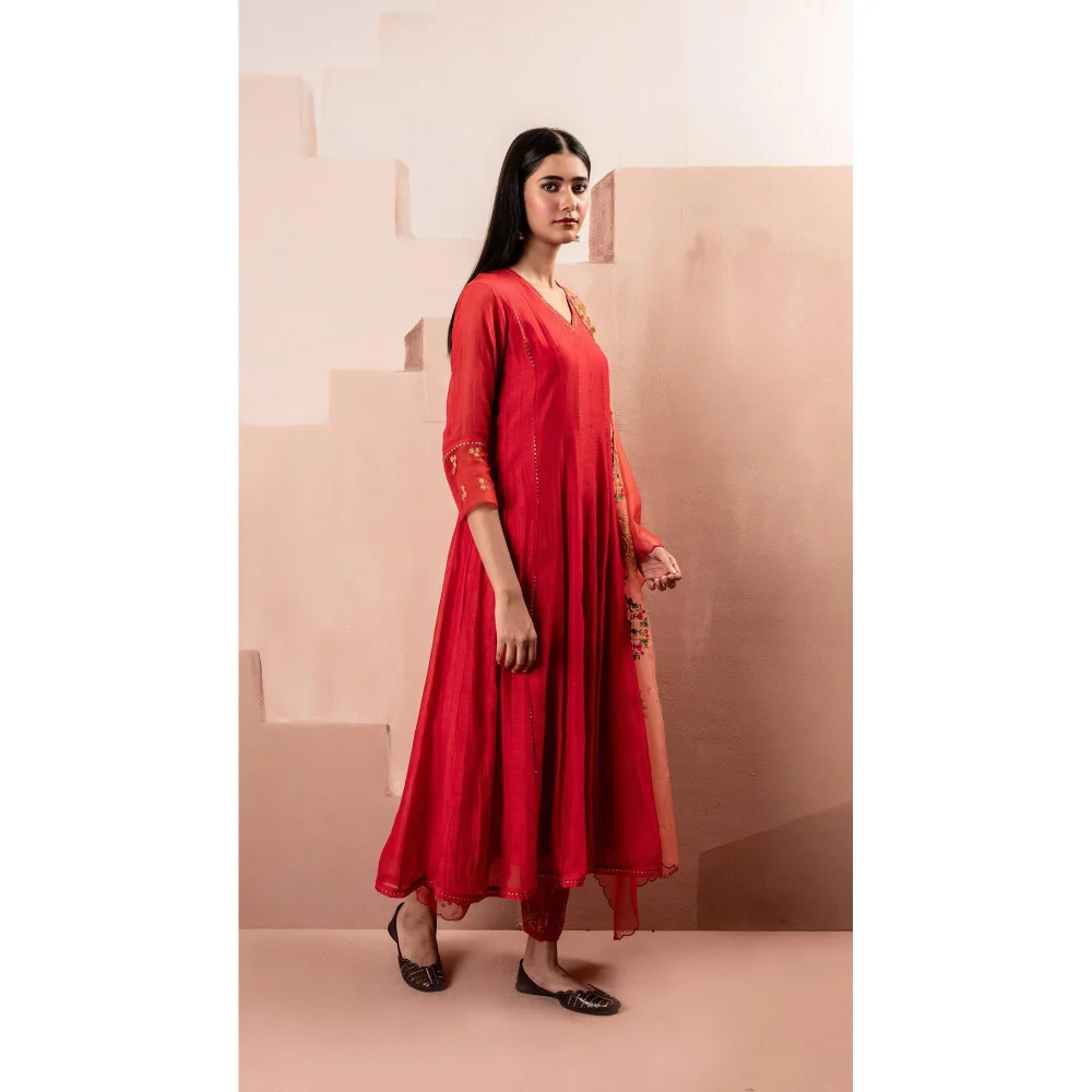 AM by Anita Mittal Red Ruhani Anarkali Kurta with Pant and Dupatta - Image 3