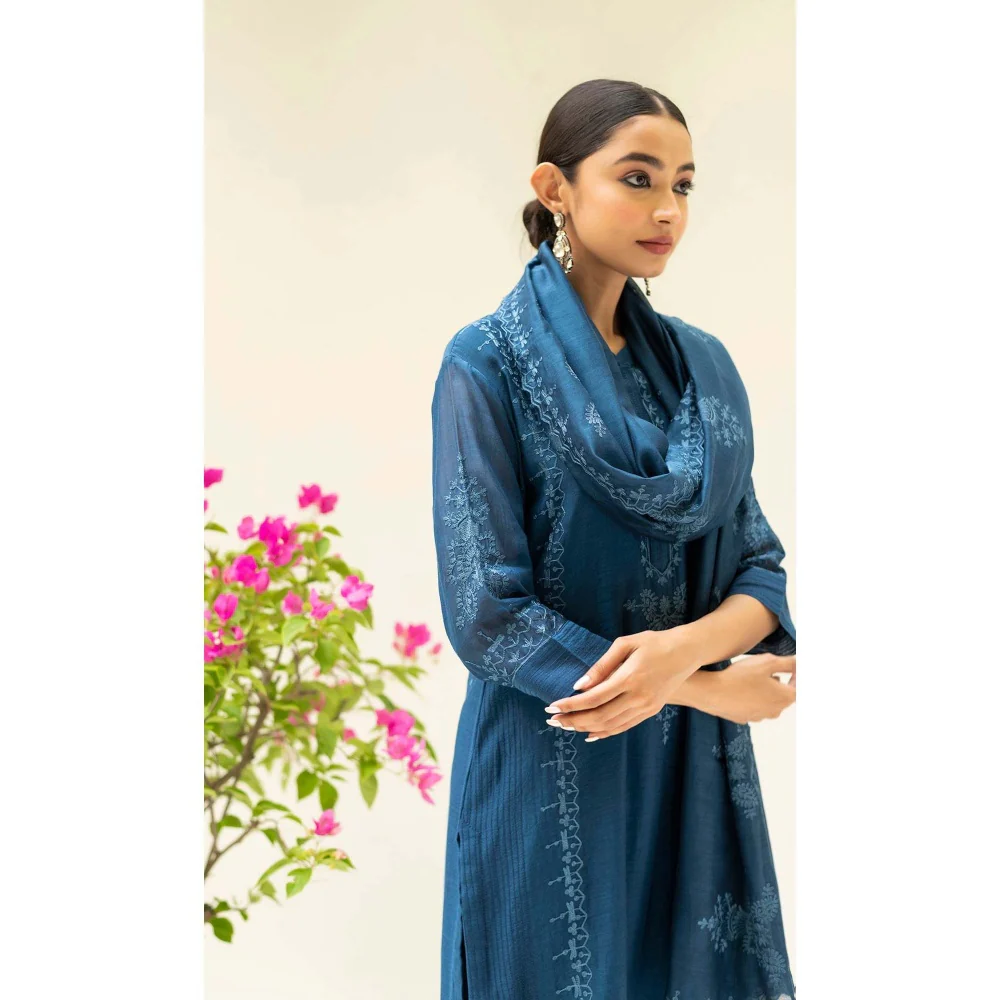 AM by Anita Mittal Teal Parchhai Kurta with Pant and Dupatta - Image 2