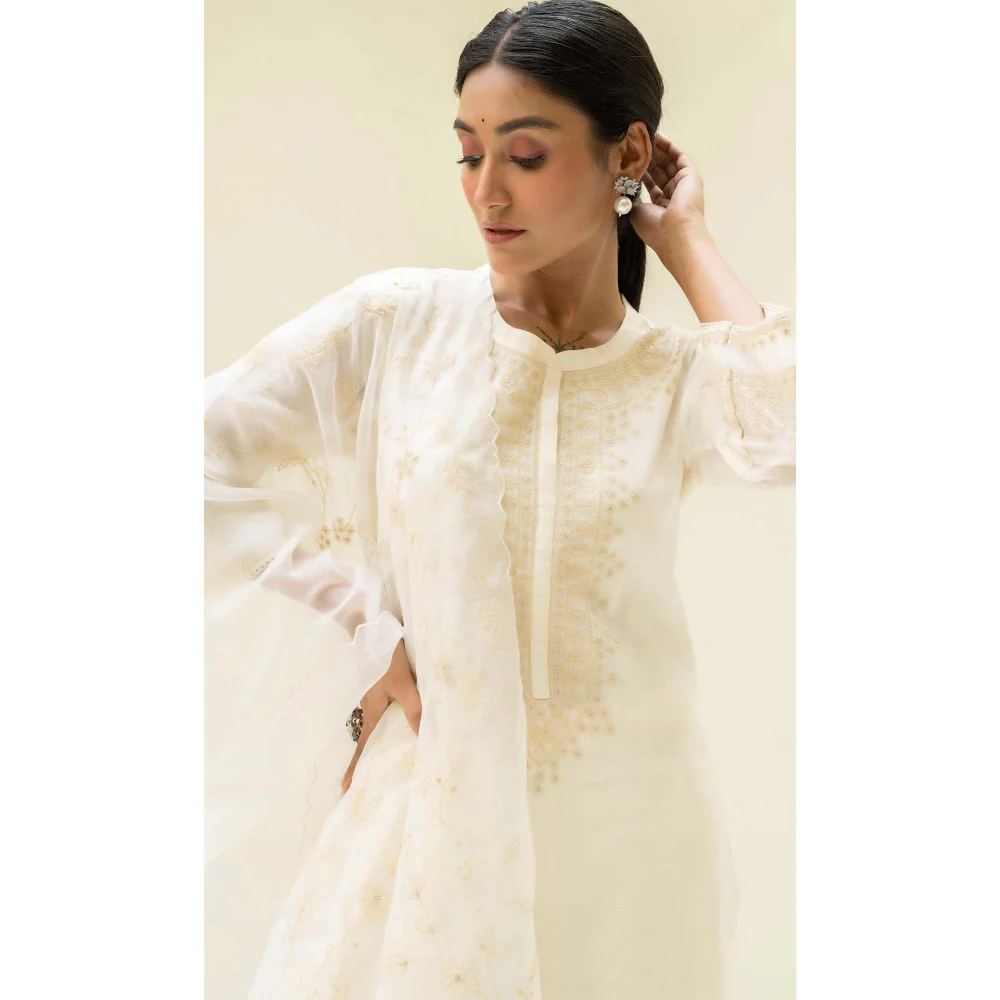 AM by Anita Mittal White Cotton Dastak Kurta with Pant and Dupatta - Image 3