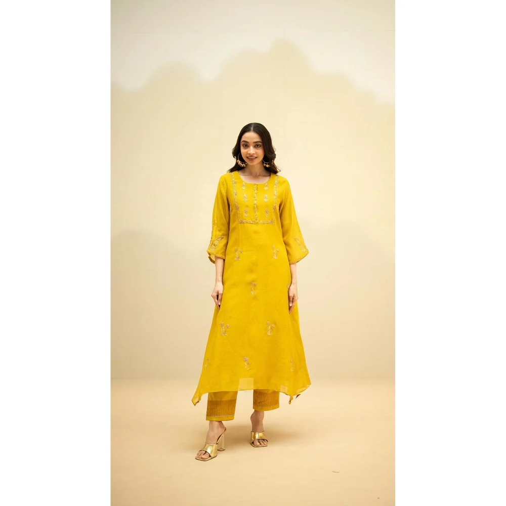 AM by Anita Mittal Yellow Chandini Kurta with Pant and Dupatta - Image 3